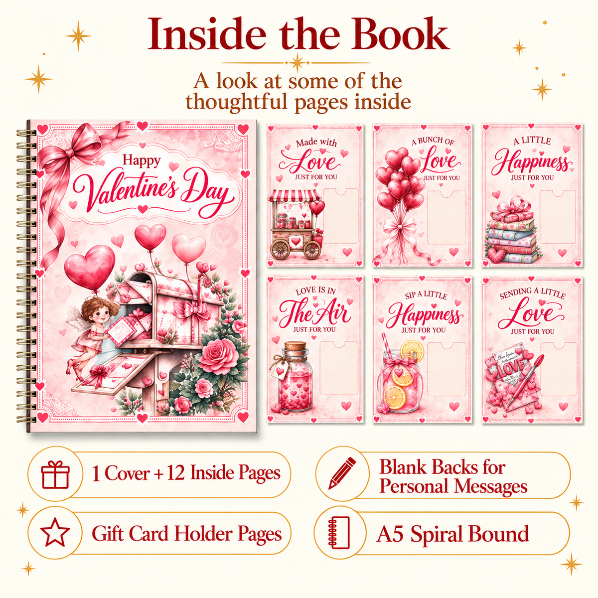 Valentine Gift Card Book with Matching Envelope – 12 Gift Card Pages, A5 Spiral Bound Romantic Gift