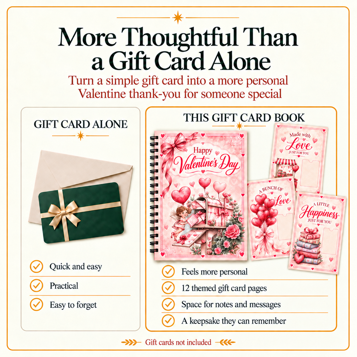 Valentine Gift Card Book with Matching Envelope – 12 Gift Card Pages, A5 Spiral Bound Romantic Gift
